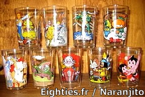 années, 80, annees, 80's, verres, moutarde, verre, décorés, dessins, animés, nostalgie, mode, ducros, maille, amora, eighties, glass, cartoon, glasses, basos, baso, maya, candy, goldorak, nils holgersson, albator, maya, abeille, yakari, enfants, enfant, trentenaires
