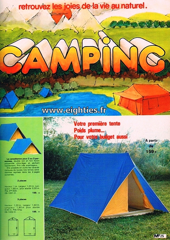 ANNEES 80, 80's, eighties, camping, vacances, 70's, tentes, souvenirs, nostalgie, catalogue, manufrance, vaisselle, meubles, matelas