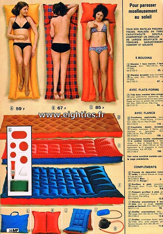 ANNEES 80, 80's, eighties, camping, vacances, 70's, tentes, souvenirs, nostalgie, catalogue, manufrance, vaisselle, meubles, matelas