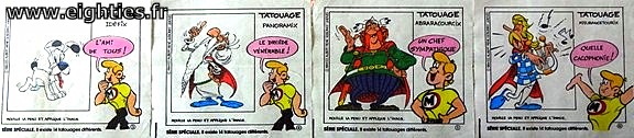 Années 80, 80's, eighties, Tatouages Malabar, Vignettes Malabar, Tatoo, astérix, obélix, drogue, lsd, collection, chewin-gum, nostalgie, enfance, souvenirs, série détective, spacebulle, monstres de l'espace, 